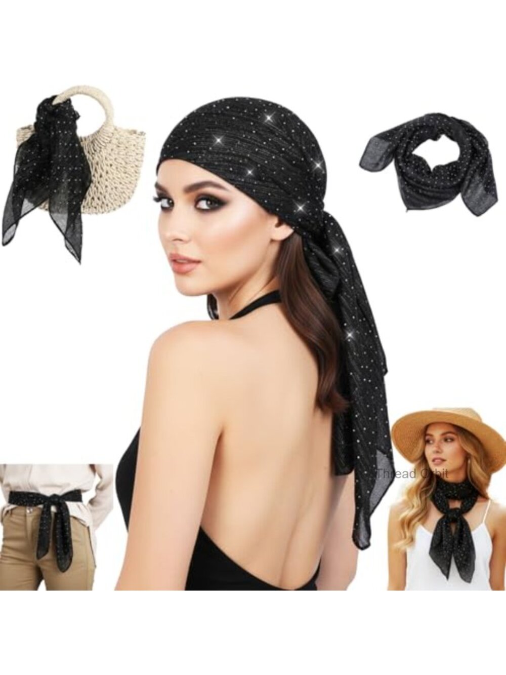 Rhinestone Head Scarf Silk Feel Polyester Bandana Hair Wrap